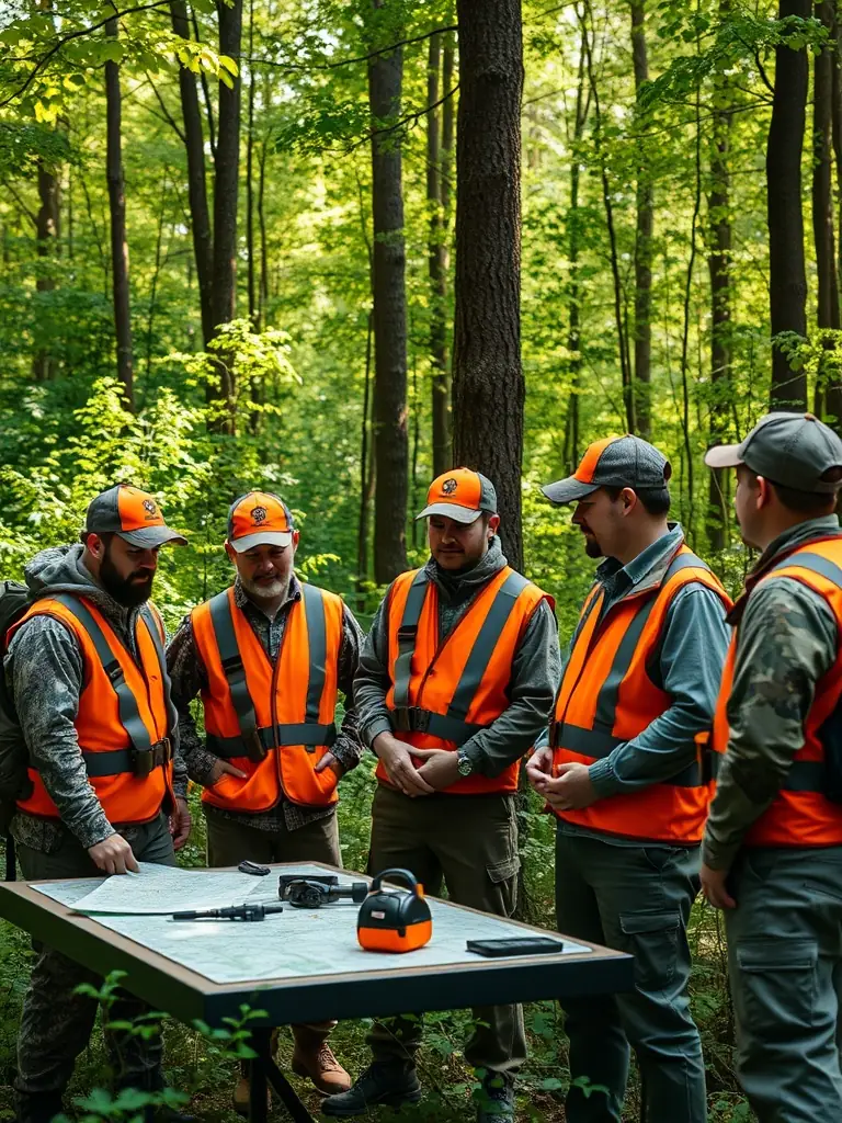 A photograph depicting members of the ASSOCIATION OF OWNERS AND HUNTERS OF TREDARZEC participating in a controlled hunt, showcasing responsible hunting practices in a natural setting.