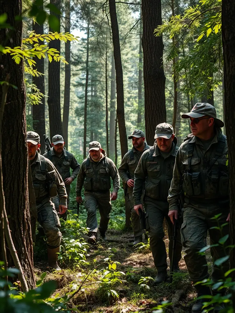 A photograph depicting a group of association members participating in a controlled hunt in a forest setting, emphasizing responsible hunting practices.