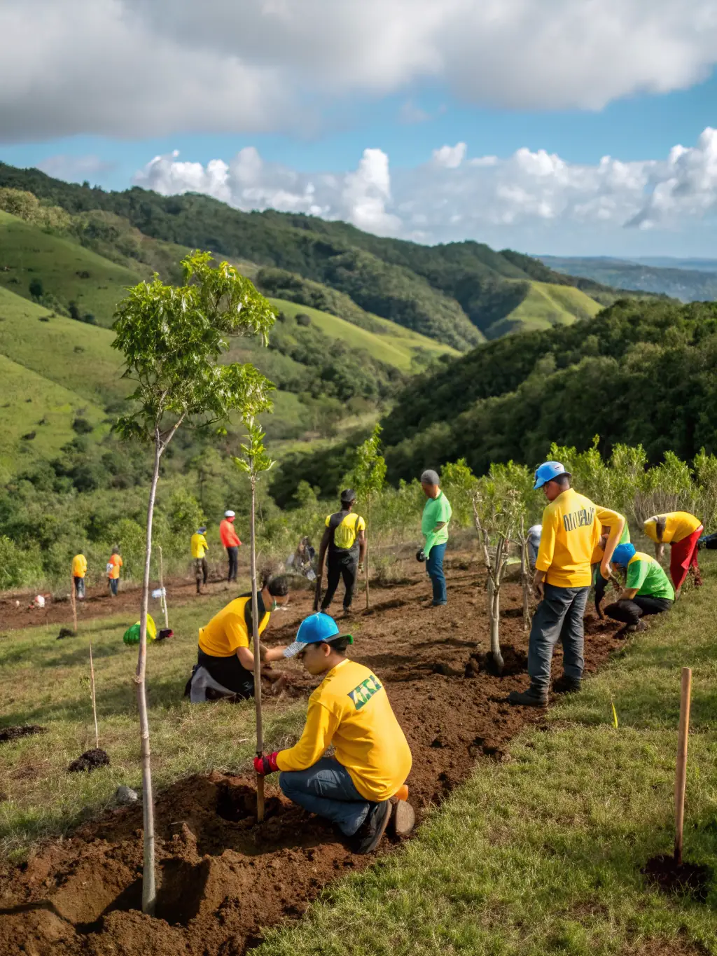 A photograph of association members participating in a habitat restoration project, planting trees and clearing invasive species in a local forest.