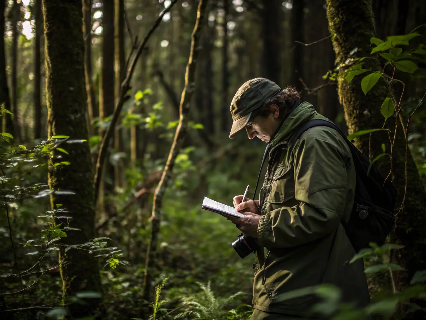 A wildlife biologist monitoring the health of local fauna in their natural habitat, collecting data and assessing the impact of environmental factors. The image highlights the association's commitment to wildlife management and conservation.