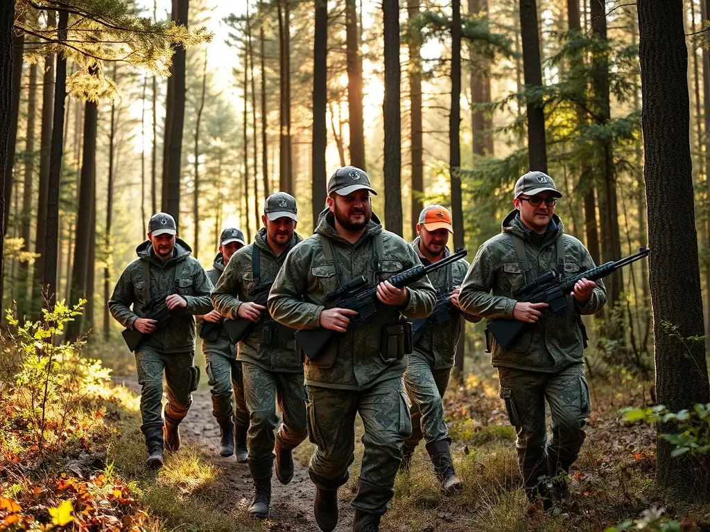 A group of hunters participating in a controlled hunt in a forest, wearing appropriate safety gear and following ethical hunting practices. The scene emphasizes responsible hunting and wildlife management.