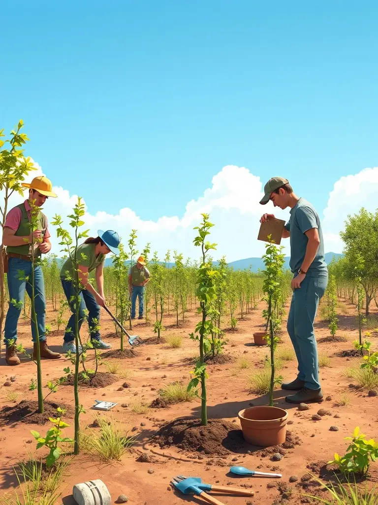 An image showcasing association members working on habitat restoration, planting trees and clearing invasive species to improve biodiversity.